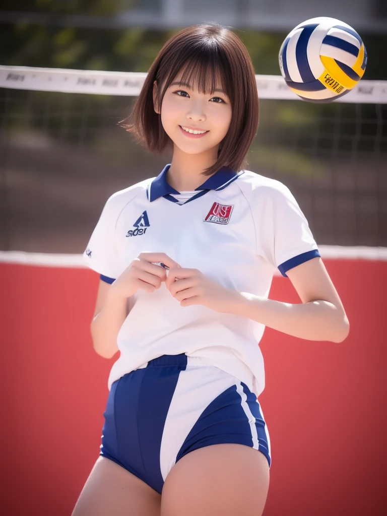 Glossy thighs、(8K、top-quality、masterpiece:1.2)、(realisitic、Photorealsitic:1.37)、ultra-detailliert、top-quality、超A high resolution、professionally lit、Photon mapping、Radio City、physically-based renderingt、Cinematic lighting、depth of fields,Focusing,Sun'rays,Good composition,,(((1 girl of 12 years))),Double eyes、(((white Volleyball uniform 、Dark blue high-leg low-rise bloomers)))、Gymnasium、A big smile、Gymnasium Court, (Tween model, 12 year old girl, young)), Ethereal beautiful, slim, very beautiful short hair,Colossal tits、 Toned abs, short cut hair、Soft light, ((David Hamilton Style)),