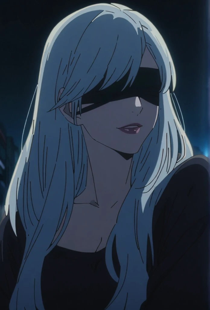 1girl, female gojo satoru, anime screencap from jujutsu kaisen, gojo satoru female version, solo, very long_hair, ((smooth texture hair)) ((black blindfold)), ((very long white_hair)), night view, breasts, upper_body, smile, indoors, book, bangs, lips (( very long hair, swept bangs)) wearing black color sweater, breast, "very detailed and high resolution" (black blindfold) ((one hand on the chin)) ((smooth texture hair)) ((solo)) ((high resolution)) ((upper body)) (Good quality) cleavage, (sitting)