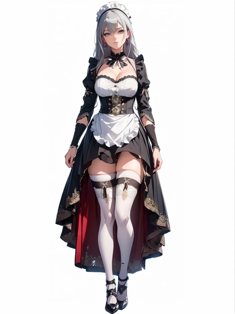 ((1girl, solo)), (((mature female))), beautiful body, (perfect anatomy, perfect body, perfect hands, perfect legs), (five fingers:1.5), natural proportions, sexy body, large breasts, cowboy shot, (legs apart:1.3) ((full body, full body front)) BREAK
((extremely detailed face)), (beautiful detailed eyes:1.6), (realistic pupils, realistic iris:1), expressive eyes, looking at viewer, (clear eyes:1.3), (hyperrealistic:1.2), (detailed skin texture:1.2), smooth skin, (grey hair:1.5), grey eyes, long hair, drill hair, earrings, (detailed lips:1.2), (attractive lips:1.1), (glossy lips:1.1), ((smlie)), parted lips, perfect face, perfect eyes BREAK
maid, ((maid outfit)), maid headdress, maid apron, frills, mini dress, cleavage cutout, white collar, bow, juliet sleeves, long sleeves, white wrist cuffs, zettai ryouiki, thighs, (white thighhighs:1.5), black footwear, high heels BREAK
(masterpiece:1.5), anime-style, top quality, best quality, (beautiful and aesthetic:1.2), (ultra detail:1.5), Ultra-detailed depiction, Ultra-precise depiction, extremely detailed 8k illustration, high resolution, (highly detailed shading:1.2), (realistic lighting:1.4), perfect lighting, vibrant colors, dynamic tones, striking hues, 8k, absurd resolution, perfect shadows, hdr, UHD, ambient lighting, realistic, ultra-realistic, photo realistic, highly detailed, rich detail, luminous colors, fine texture, intricate design, professional illustration, (soft light:1.2), (illustration:0.7)