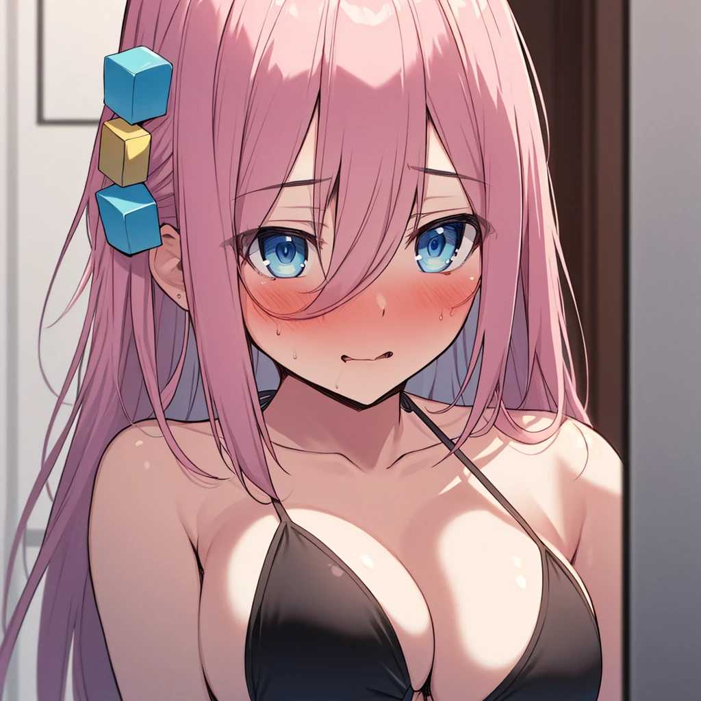 ((masterpiece)) (large breasts) (best quality) beautiful face, embarrassed, Gotoh hitori, pink hair, long hair, hair between eyes, blue eyes, cube hair ornaments, portrait, sexy bikini, black bikini, bare neck, 