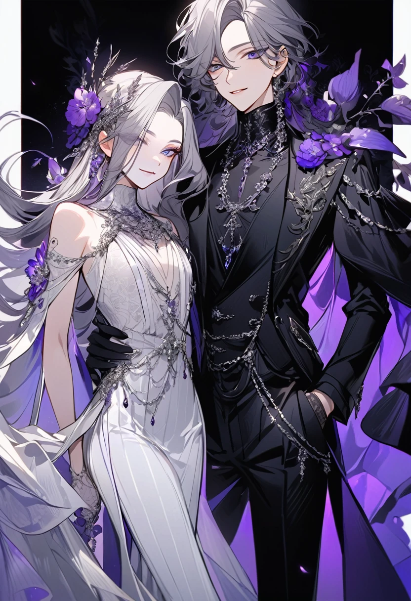 Feminine boy, soft womanish facial features, smile, squinted siren dark blue eyes without glare, silver long loose hair with straight bang, fantasy black clothes with blue and purple elements, long black gloves, model, gorgeous, elegant, lots of silver jewelry, flowers in his hair, skinny , hourglass figure, light lipstick, pants