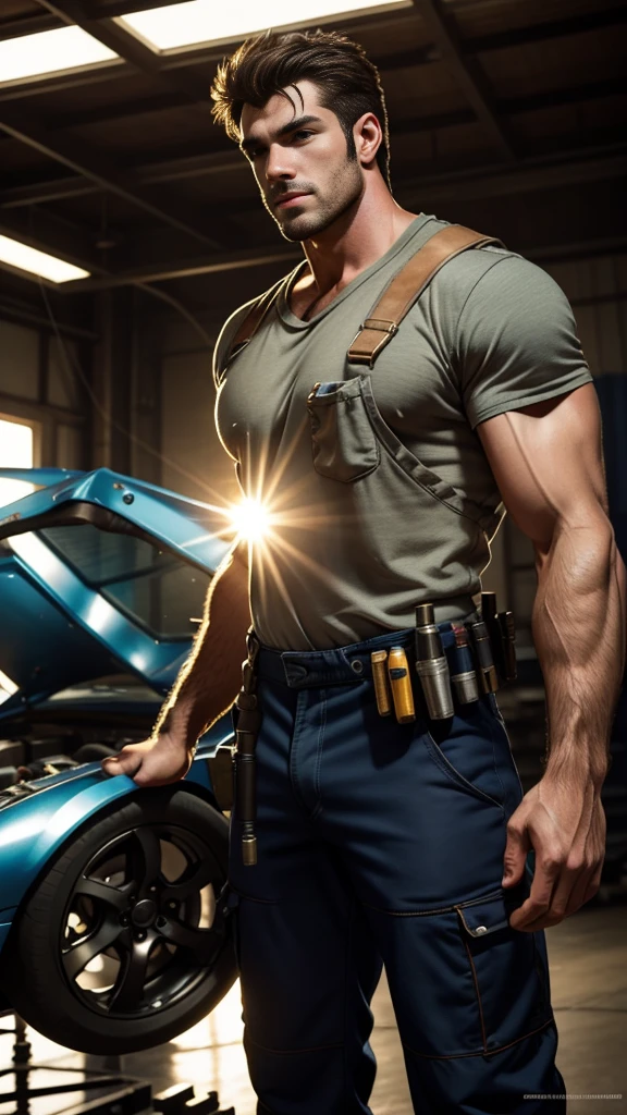 masterpiece, best quality, high resolution, male focus, solo focus, muscular, burly, hairy, male, a handsome man, mechanic, mechanic's outfit, bright light, amazing composition, front view, HDR, volumetric lighting, ultra quality, elegant, highly detailed