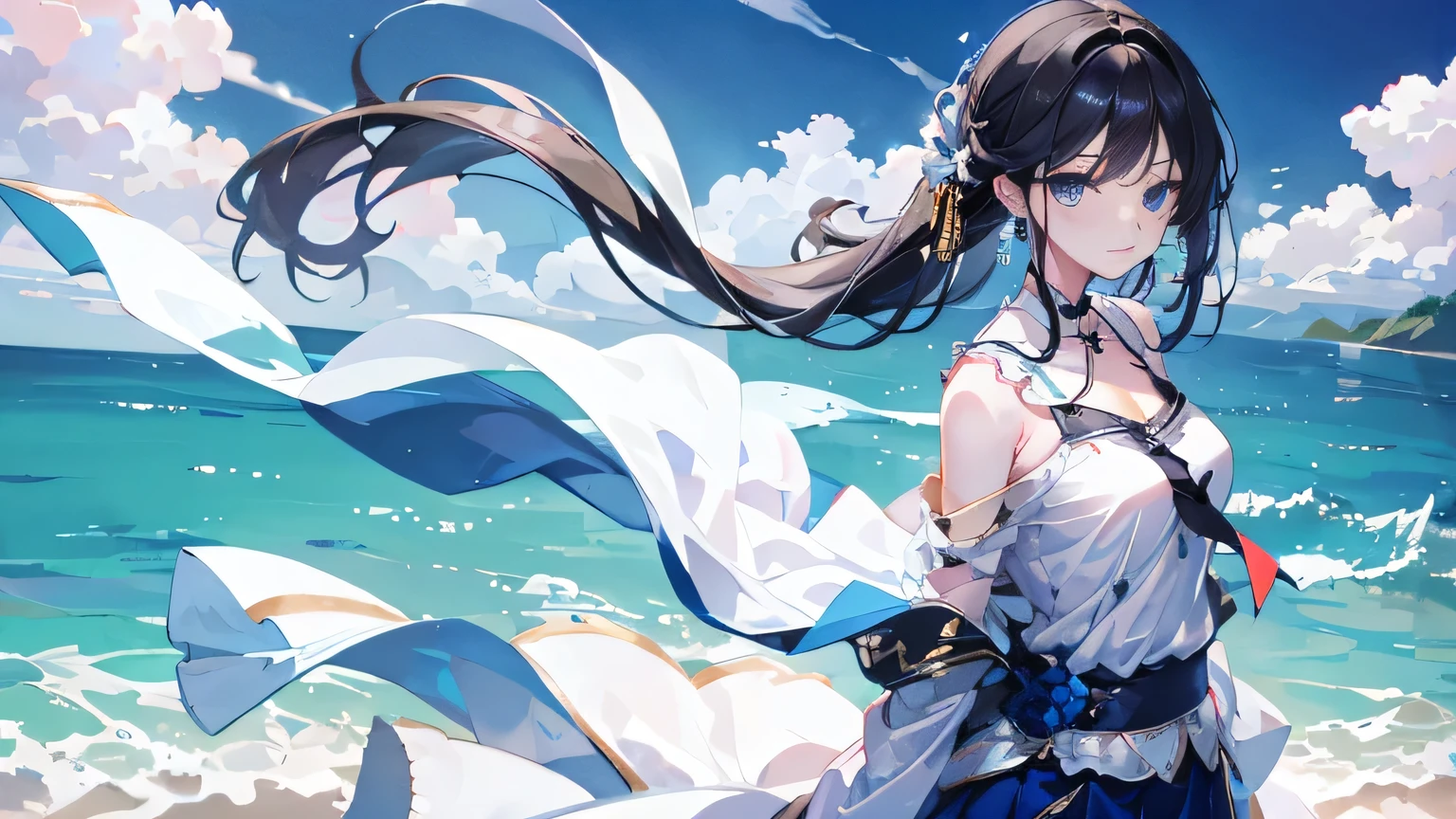 masterpiece, Highest quality, High resolution, , 8K、coastline、One Girl, Black Hair, Hair length, Black Hair, blue eyes, gem, (turn around)、Earrings, Earrings, White shirt, tie shirt, Black choker, Blue tie, ((White Skirt)), Show smile, Laughter, Rear View. looked back. standing, Cowboy Shot, Outdoor、The wind is blowing、Hair swaying in the wind、Incredibly accurate、Very very beautiful