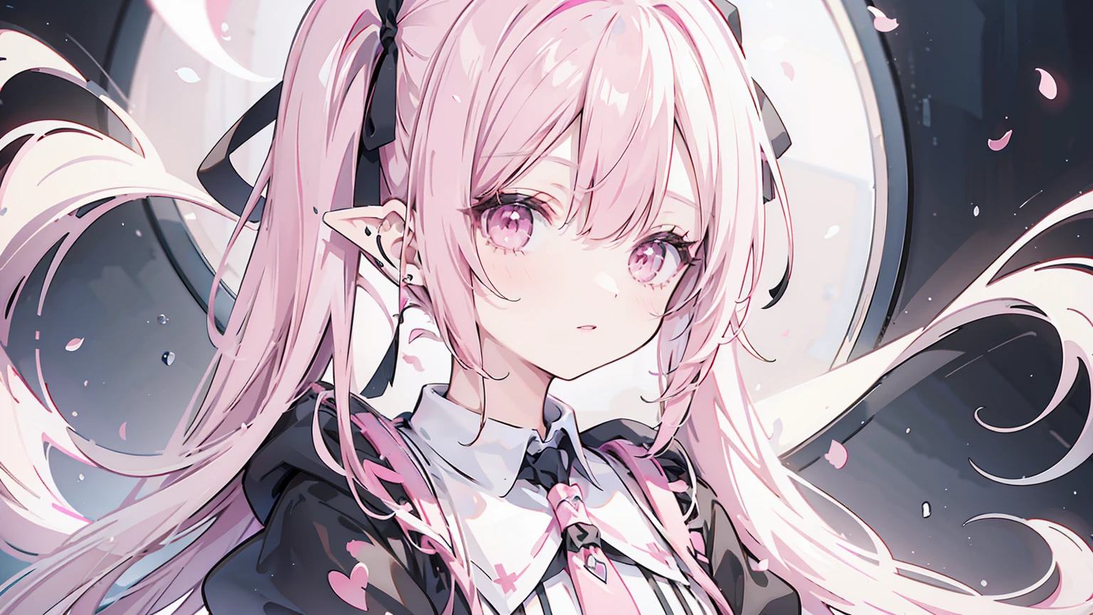 Only the bangs are pink,The back hair is black,Long twin tails,Tie with black ribbon,A black and pink rectangular earring in her right ear