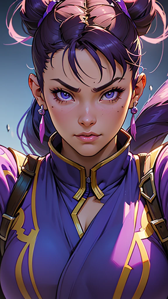 a beautiful detailed close up portrait of a woman with purple hair and a purple jacket, chun-li character from street fighter, badass anime style, extremely detailed by artegerm, unreal engine 3D, video game character, katana zero, chun-li, photorealistic, vivid colors, dramatic lighting, hyper detailed, masterpiece