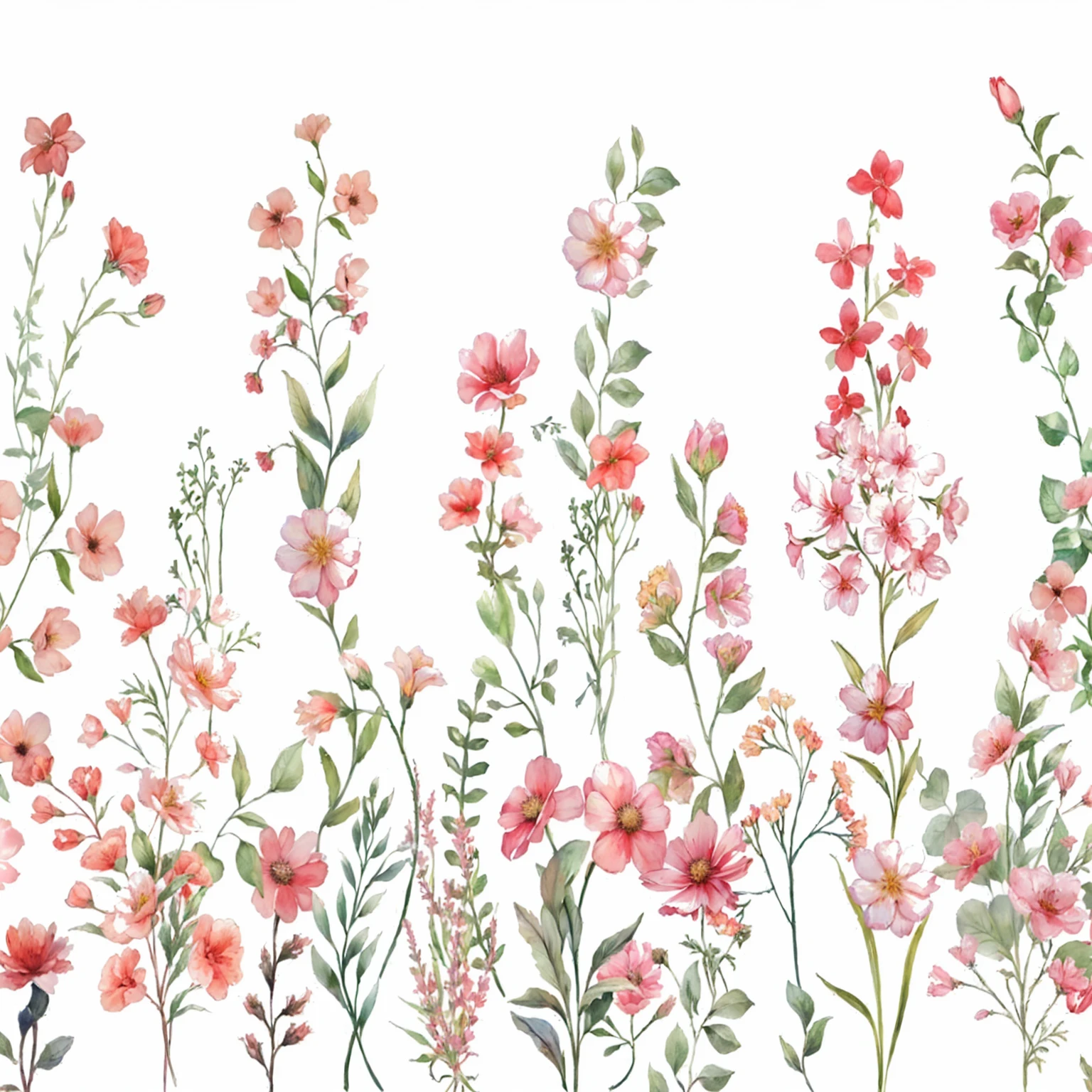 Highest quality,Ultra-clear,Extreme details,there are many Pink flowers and green leaves on the white background, Blooming flowers, Fondo pintado floral, Pink flowers, Exquisite garden on paper, Beautiful high resolution, Floral Pattern, Mottled flowers, Flowers and blooms, Flower field background, Flower background, Flowers on the grass, flowers and foliage, Many flowers, Garden flowers pattern, Flowers meadow, Flowers and stems, Watercolor illustration