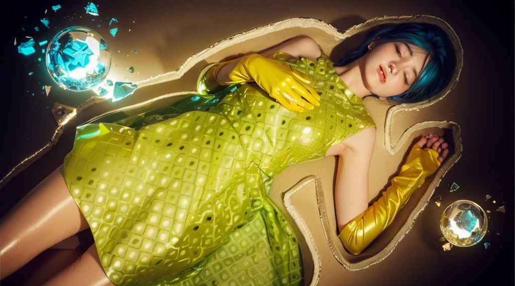 This image presents a visually captivating scene, featuring a woman lying amidst a fantastical setting. The woman, with striking blue hair and closed eyes, appears serene as she rests on a surface that transitions from deep purple to a golden hue. She wears a vibrant green dress that echoes the geometric patterns of her surroundings, complemented by bold yellow gloves that extend to her elbows. In the foreground, two magical orbs—one shattered in pieces emitting a bright blue light and the other intact, glowing with a warm orange hue—are placed near her, suggesting a narrative of mystical or supernatural elements. The broken orb, in particular, adds a dynamic contrast, with its sharp shards scattered around, reflecting light and enhancing the ethereal quality of the scene. The combination of rich The overall composition suggests a moment of dramatic transformation or destruction of a powerful, enchanted object. glossy texture, smooth broken glass magic ball of turquoise color with fragments lying nearby frame above from above on a white background 3d model, multiple light sources, rim light, sharp post broken glass magic ball of turquoise color with fragments lying nearby frame above from above on a white background effects render, (glossy plastic texture with multiple big light probe refractions), perfect cgi, smooth silhouette, high intensity refraction, (super glossy plastic material), most beautiful vfx, , realistic, 4k, high resolution, rim light, smooth 3d model, multiple light sources, rim light, sharp post effects render,, realistic, 4k, high resolution, rim light detailed digital art, reflective, best quality, 4k, masterpiece:1.2, ultra-detailed, realistic, vivid colors, The image of the highest quality, ensuring every detail showcased perfectly. It in 4k resolution, allowing viewers to immerse themselves in the richness of the colors and intricate details. The realistic rendering. under the spotlight, reflecting, high-resolution image, realistic rendering