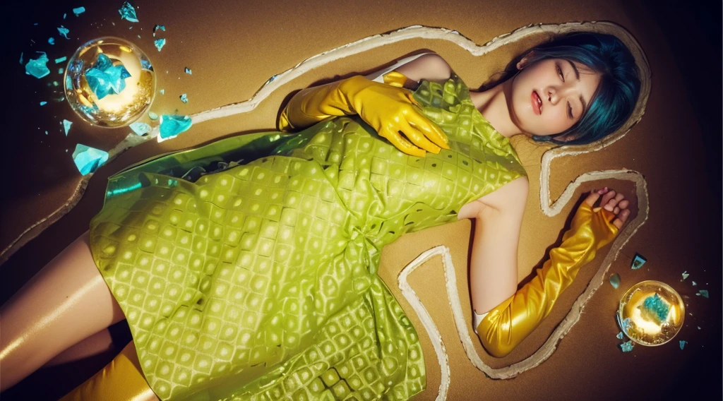 This image presents a visually captivating scene, featuring a woman lying amidst a fantastical setting. The woman, with striking blue hair and closed eyes, appears serene as she rests on a surface that transitions from deep purple to a golden hue. She wears a vibrant green dress that echoes the geometric patterns of her surroundings, complemented by bold yellow gloves that extend to her elbows. In the foreground, two magical orbs—one shattered in pieces emitting a bright blue light and the other intact, glowing with a warm orange hue—are placed near her, suggesting a narrative of mystical or supernatural elements. The broken orb, in particular, adds a dynamic contrast, with its sharp shards scattered around, reflecting light and enhancing the ethereal quality of the scene. The combination of rich The overall composition suggests a moment of dramatic transformation or destruction of a powerful, enchanted object. glossy texture, smooth broken glass magic ball of turquoise color with fragments lying nearby frame above from above on a white background 3d model, multiple light sources, rim light, sharp post broken glass magic ball of turquoise color with fragments lying nearby frame above from above on a white background effects render, (glossy plastic texture with multiple big light probe refractions), perfect cgi, smooth silhouette, high intensity refraction, (super glossy plastic material), most beautiful vfx, , realistic, 4k, high resolution, rim light, smooth 3d model, multiple light sources, rim light, sharp post effects render,, realistic, 4k, high resolution, rim light detailed digital art, reflective, best quality, 4k, masterpiece:1.2, ultra-detailed, realistic, vivid colors, The image of the highest quality, ensuring every detail showcased perfectly. It in 4k resolution, allowing viewers to immerse themselves in the richness of the colors and intricate details. The realistic rendering. under the spotlight, reflecting, high-resolution image, realistic rendering