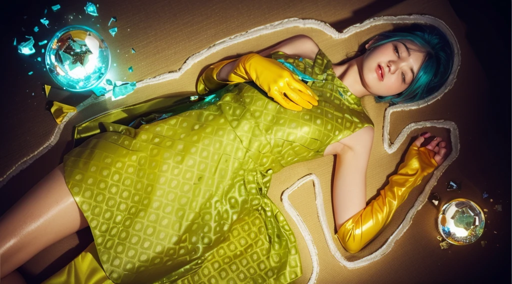 This image presents a visually captivating scene, featuring a woman lying amidst a fantastical setting. The woman, with striking blue hair and closed eyes, appears serene as she rests on a surface that transitions from deep purple to a golden hue. She wears a vibrant green dress that echoes the geometric patterns of her surroundings, complemented by bold yellow gloves that extend to her elbows. In the foreground, two magical orbs—one shattered in pieces emitting a bright blue light and the other intact, glowing with a warm orange hue—are placed near her, suggesting a narrative of mystical or supernatural elements. The broken orb, in particular, adds a dynamic contrast, with its sharp shards scattered around, reflecting light and enhancing the ethereal quality of the scene. The combination of rich The overall composition suggests a moment of dramatic transformation or destruction of a powerful, enchanted object. glossy texture, smooth broken glass magic ball of turquoise color with fragments lying nearby frame above from above on a white background 3d model, multiple light sources, rim light, sharp post broken glass magic ball of turquoise color with fragments lying nearby frame above from above on a white background effects render, (glossy plastic texture with multiple big light probe refractions), perfect cgi, smooth silhouette, high intensity refraction, (super glossy plastic material), most beautiful vfx, , realistic, 4k, high resolution, rim light, smooth 3d model, multiple light sources, rim light, sharp post effects render,, realistic, 4k, high resolution, rim light detailed digital art, reflective, best quality, 4k, masterpiece:1.2, ultra-detailed, realistic, vivid colors, The image of the highest quality, ensuring every detail showcased perfectly. It in 4k resolution, allowing viewers to immerse themselves in the richness of the colors and intricate details. The realistic rendering. under the spotlight, reflecting, high-resolution image, realistic rendering