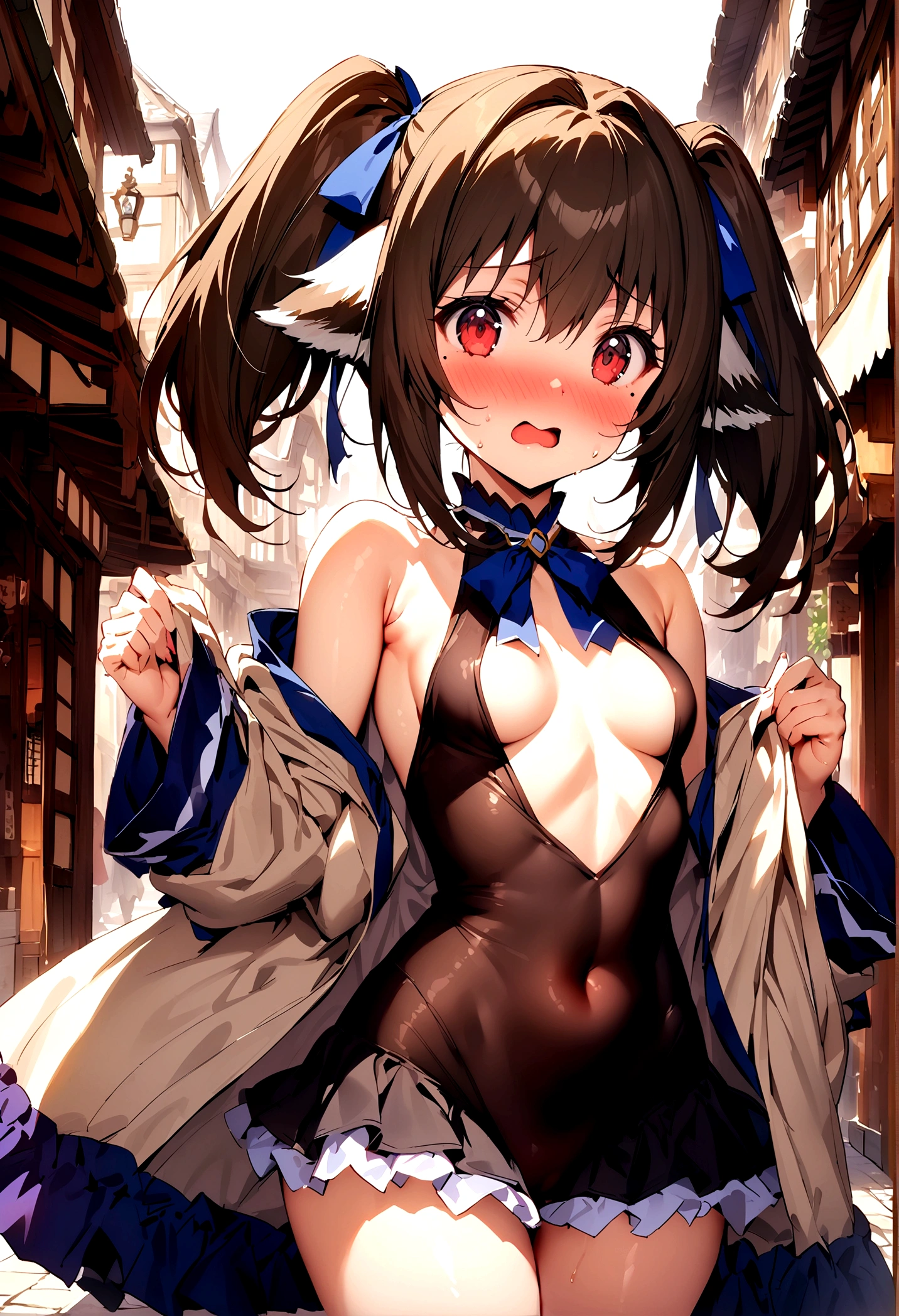 NSFW,masterpiece,Highest quality,High resolution,Super detailed,Nekone \(Utawarerumono\),Brown Hair、（Red Eye：1.3）、ribbon,Twin tails、ヘアribbon、Mole、目の下のMole,Small breasts,Fantasy World,Shopping Street,Japanese style,mini skirt,leotard,Half-naked,Open clothes,Embarrassed,blush,(Seduce)