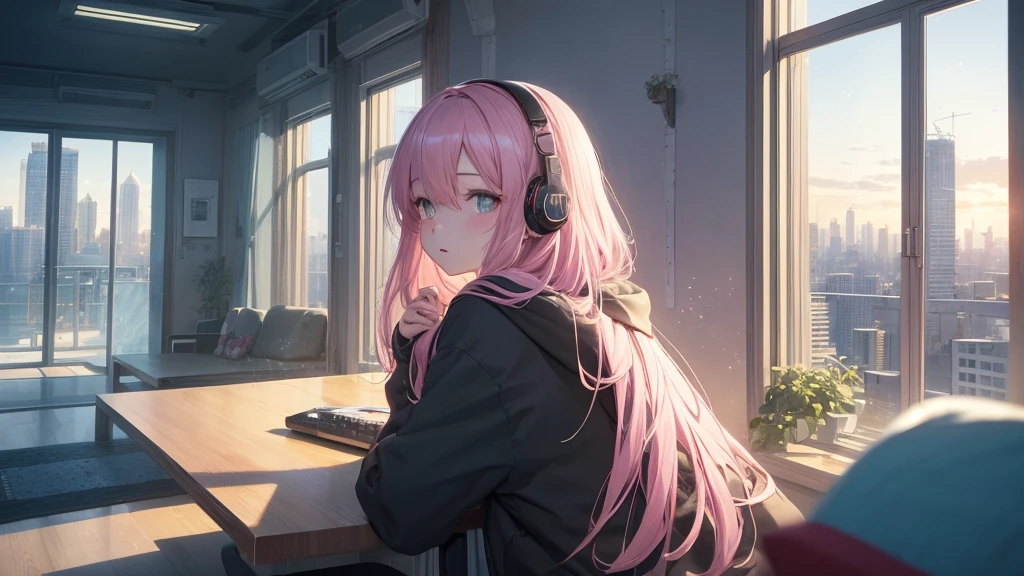 Absurd, Ultra-high resolution, (Official Art, beautifully、mysterious:1.2), Striking eyes, Sit by the window and look outside, Girl listening to music with headphones, light pink long hair, Lo-fi Girl, and hoodie, Bright Sky, A vast world, Kaisei and Artgelm, Anime atmosphere, Lofi art style, Anime style 8k, Anime Aesthetics, Lo-fi feeling, Anime Art Wallpapers 8K, An atmosphere of praise, Rooms with large windows, Emotional cityscape, city room