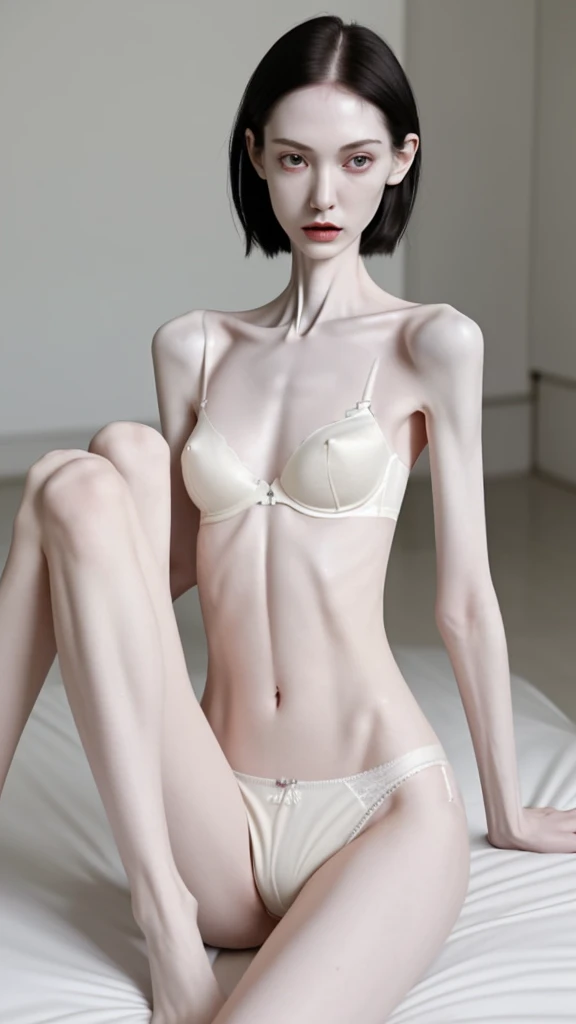 a woman, very thin body, body visible bones, very slender,sweaty weat body,  pale white skin, panties, bra,tatto, full body, has a mental break down , sit a room