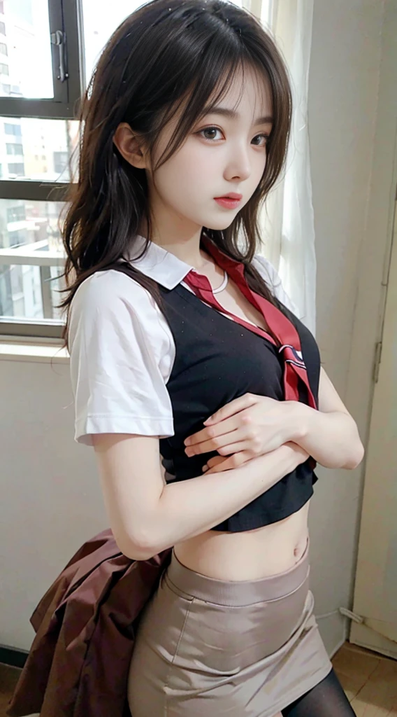 （8K，best quality，masterpiece：1.2），（In reality，realistic：1.4），（RAW photos）,perfect details，18-year-old South Korean female model，Korean beautiful girl，Goose egg face shape，wavy curly hair，pure desire，((upper body：5 Point Shirt，black shirt，(Little Red Tie)，short sleeve，Crop topping))，(private part：Skirt that hugs the buttocks，black)，Wear pantyhose and sneakers，chest이 크다，chest，Butt Lift，hotel，rooms，window