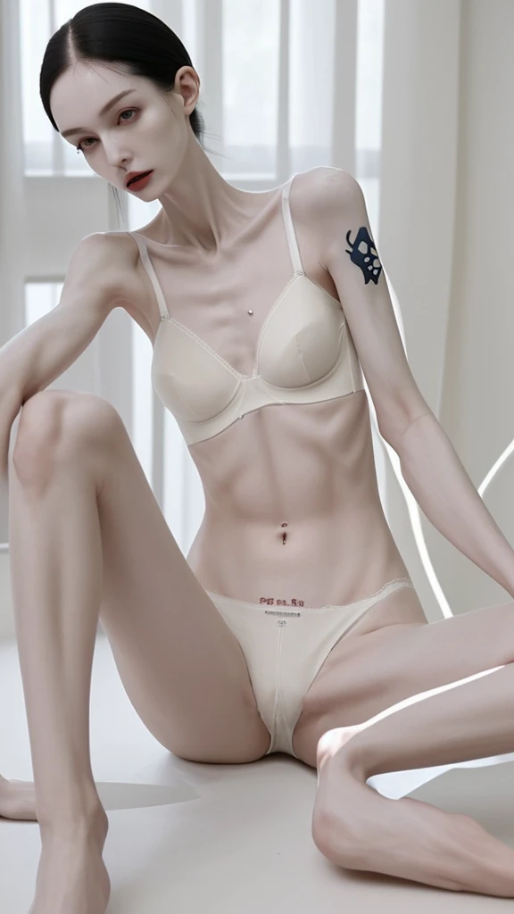 a woman, very thin body, body visible bones, very slender,sweaty weat body,  pale white skin, panties, bra,tatto, full body, has a mental break down , sit a room