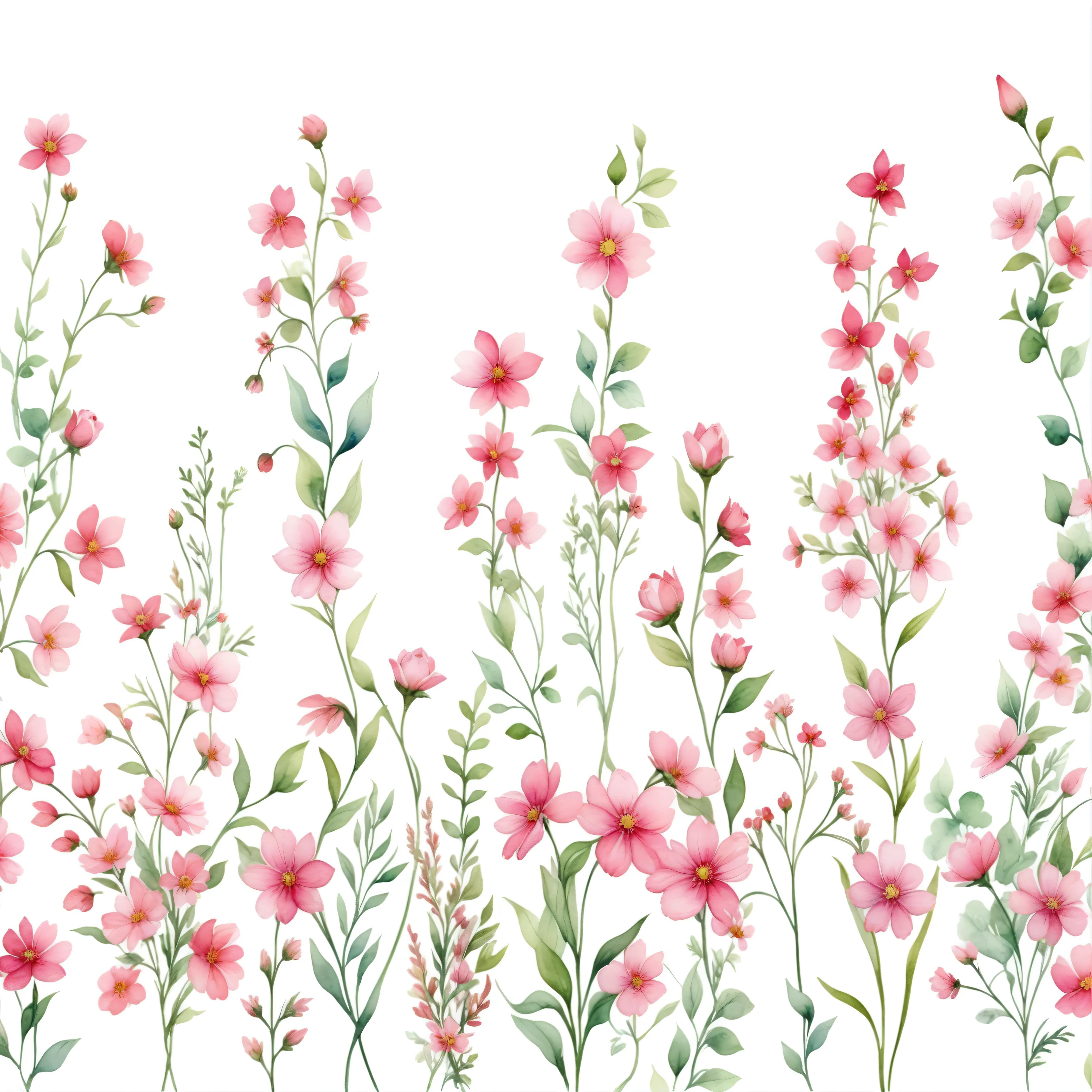 there are many Pink flowers and green leaves on the white background, Blooming flowers, Fondo pintado floral, Pink flowers, Exquisite garden on paper, Beautiful high resolution, Floral Pattern, Mottled flowers, Flowers and blooms, Flower field background, Flower background, Flowers on the grass, flowers and foliage, Many flowers, Garden flowers pattern, Flowers meadow, Flowers and stems, Watercolor illustration
