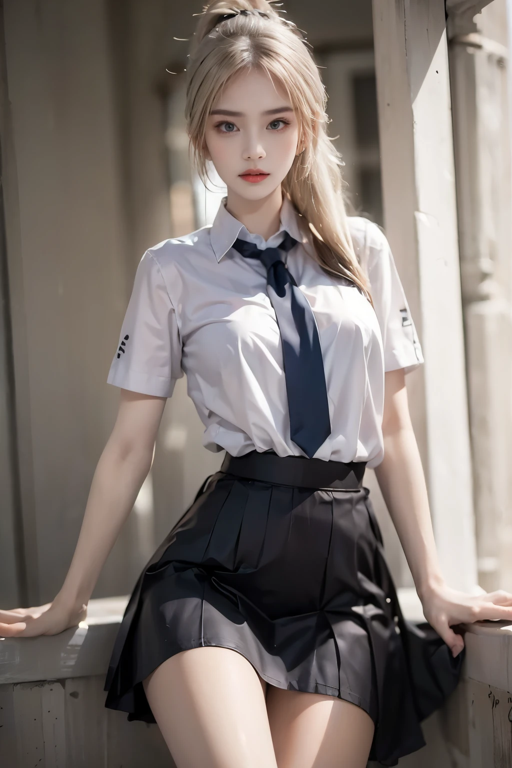 highest resolution, 8K, high definition, (((long hair))), ((Thai school uniform)), Age 16-18 years, stare, angry, confident demeanor, earring, blonde hair, high ponytail, black skirt, white shirt