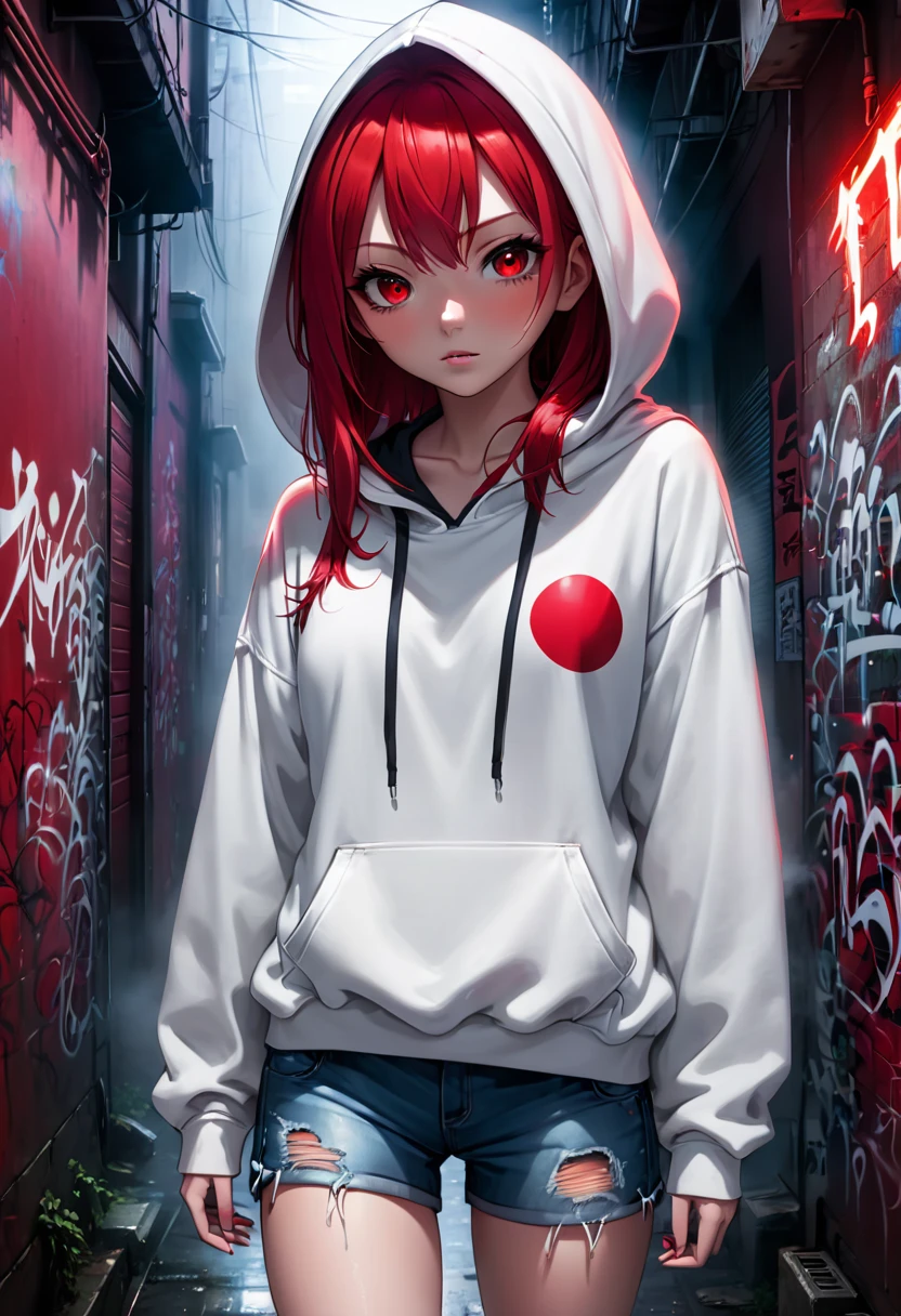 1girl, white hoodie, wearing the hood, red hair, red eyes, jean shorts, dark alley, red graffiti, japanese led, fog