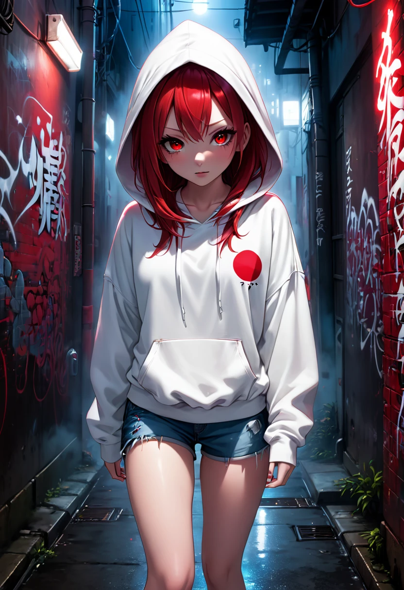 1girl, white hoodie, red hair, red eyes, jean shorts, dark alley, red graffiti, japanese led, fog