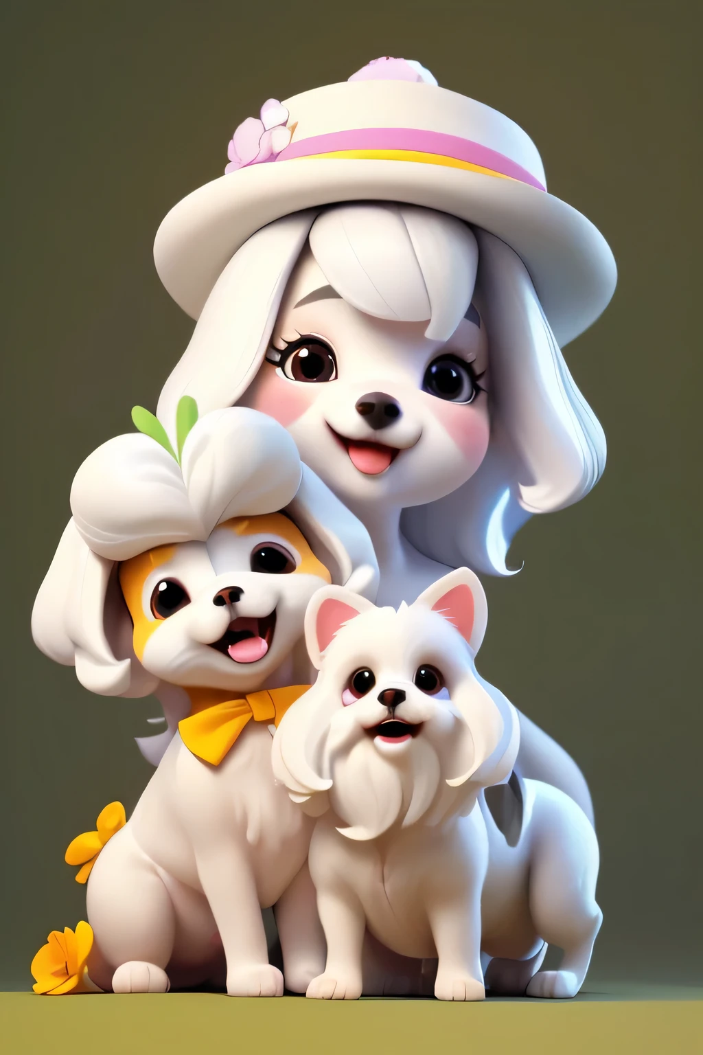 Breed only 3DCHARACTER Maltese Dog, with very long fur and albino coat color, playing with his toys in a beautiful and cute room, Dog with a happy expression when seeing its owner, Dog with open mouth, dog breed , German dwarf spitz, Pomeranian Lulu, Maltese ,terrier de yorkshire, lindo Maltese posando para uma foto usando roupas fofas, linda con un lindo dress de princesa, fancy hat, ties, Bandanas, dress, pretty colors, children'dog clothing colors. low angle view, Disparo a la altura de los Eyes (ingle),Only huge and kinky thighs, gordo, extremely thick;,work rhyme, Best Quality, (front view), (worm's eye view'Eyes), worm's eye perspective, low angle. ,(whole body:1.2),simple background, artwork,Best Quality,(red gradient background:1.1)