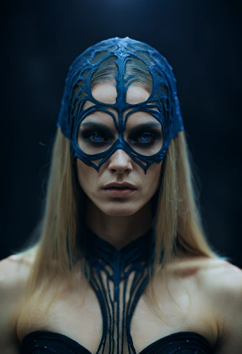Fashionable of androgynous alien looking witch wearing veil, glowing eyes, beautiful evil slavic muscular woman, pale skin, long dark blond hair, futuristic design, minimal details, givenchy, photoreal, 200mm, hd, f/ 2.0, highly detailed, surreal , drop dead, in the style of red and blue, (intricate details, hyperdetailed:1.15) (skin texture:1.2), cinematic, professional, 4k, (((dynamic model pose))), sitting, full body, mesmerizing, dynamic, dramatic, sensual, dynamic pose, highly detailed skin with hair, subcutaneous veins, light and shadow play, highly detailed,24mm photograph, film, bokeh, professional, 4k,
