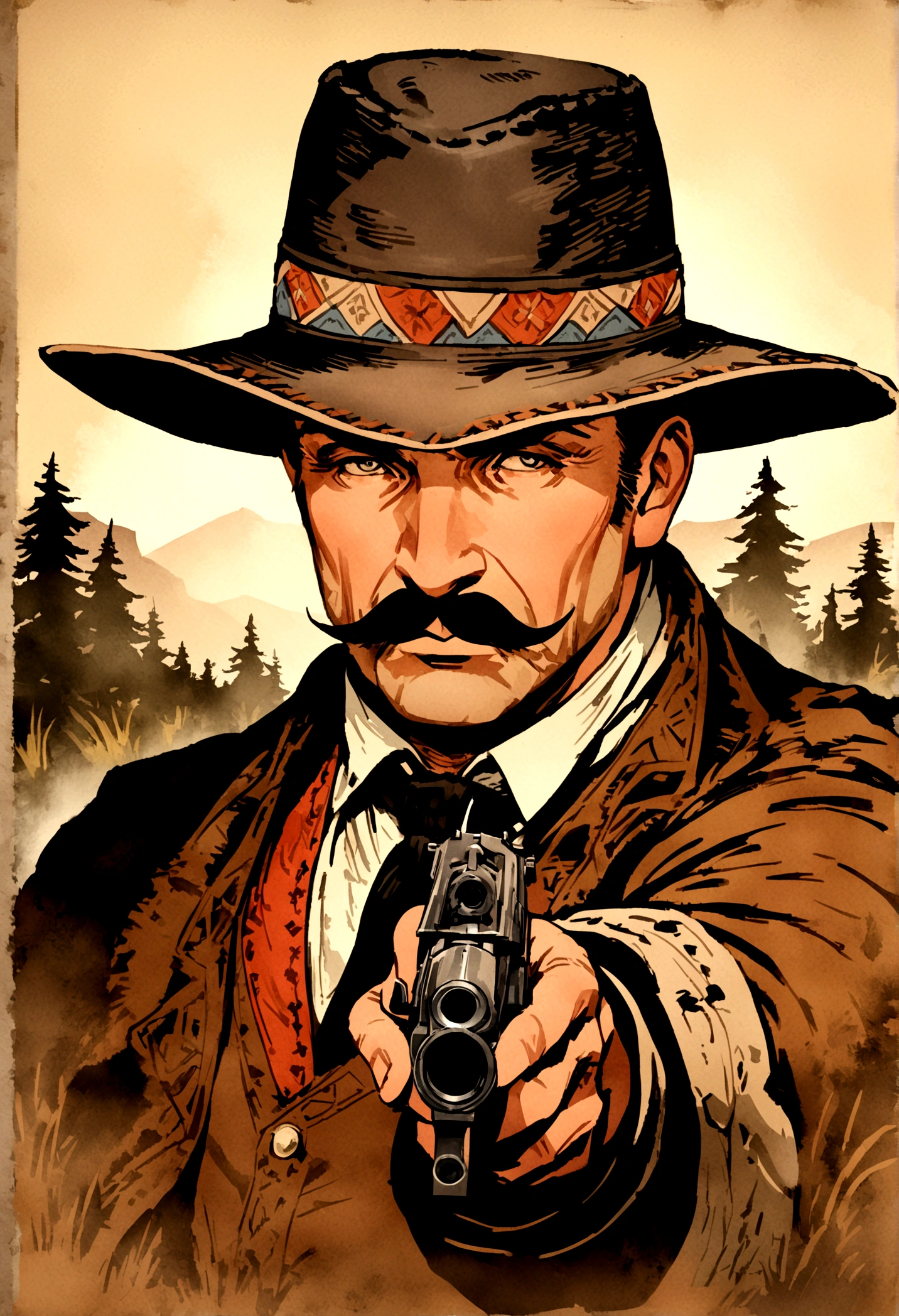 Full body picture of sheriff Curtis Malloy from Red Dead Redemption 2 pointing a gun, detailed portrait, vintage illustration, high-res, realistic colors, intricate drawing, vibrant colors, dramatic lighting, full body shot, Nevada hat, nothing but mustache, full body from feet to top. a American eastern 19 town background, with grass and trees,cigarette card