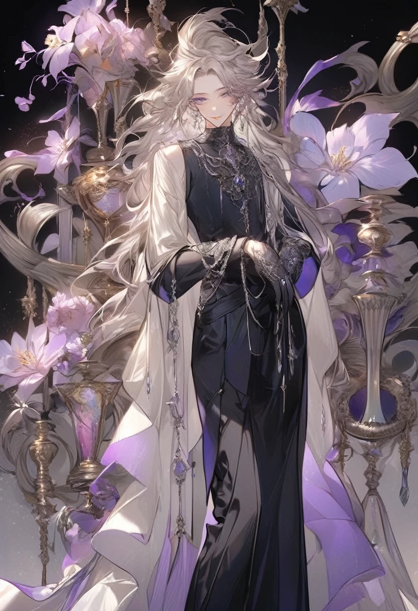 Feminine boy, soft womanish facial features, smile, squinted siren dark blue eyes without glare, silver long loose hair with straight bang, fantasy black clothes with blue and purple elements, long black gloves, model, gorgeous, elegant, lots of silver jewelry, flowers in his hair, skinny , hourglass figure, light lipstick, pants