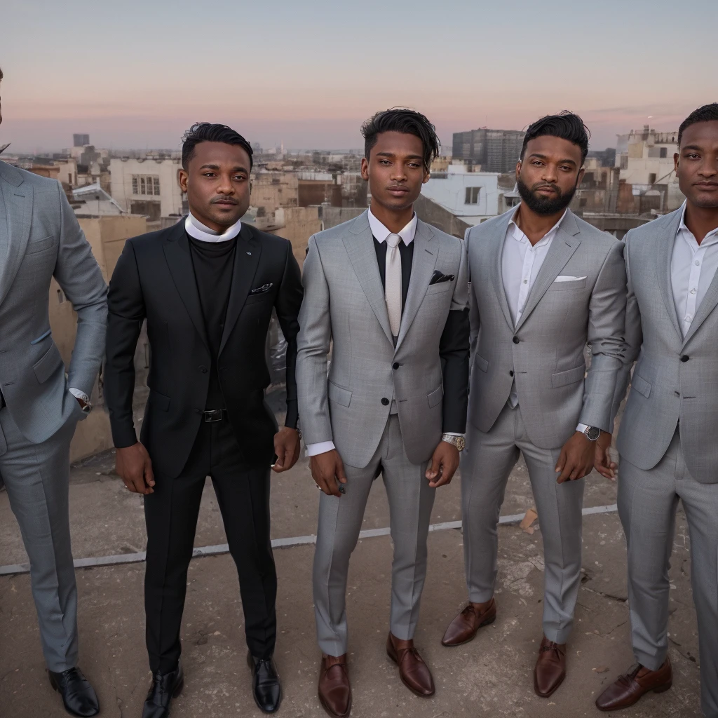 several men in suits standing on a roof with a city in the background, wearing suits!, all the people are wearing suits, dressed in a jodhpuri suit, competition winning, wearing a suits, well - dressed, photo taken in 2 0 2 0, well dressed, stylish pose, wearing causal black suits, taken in the early 2020s