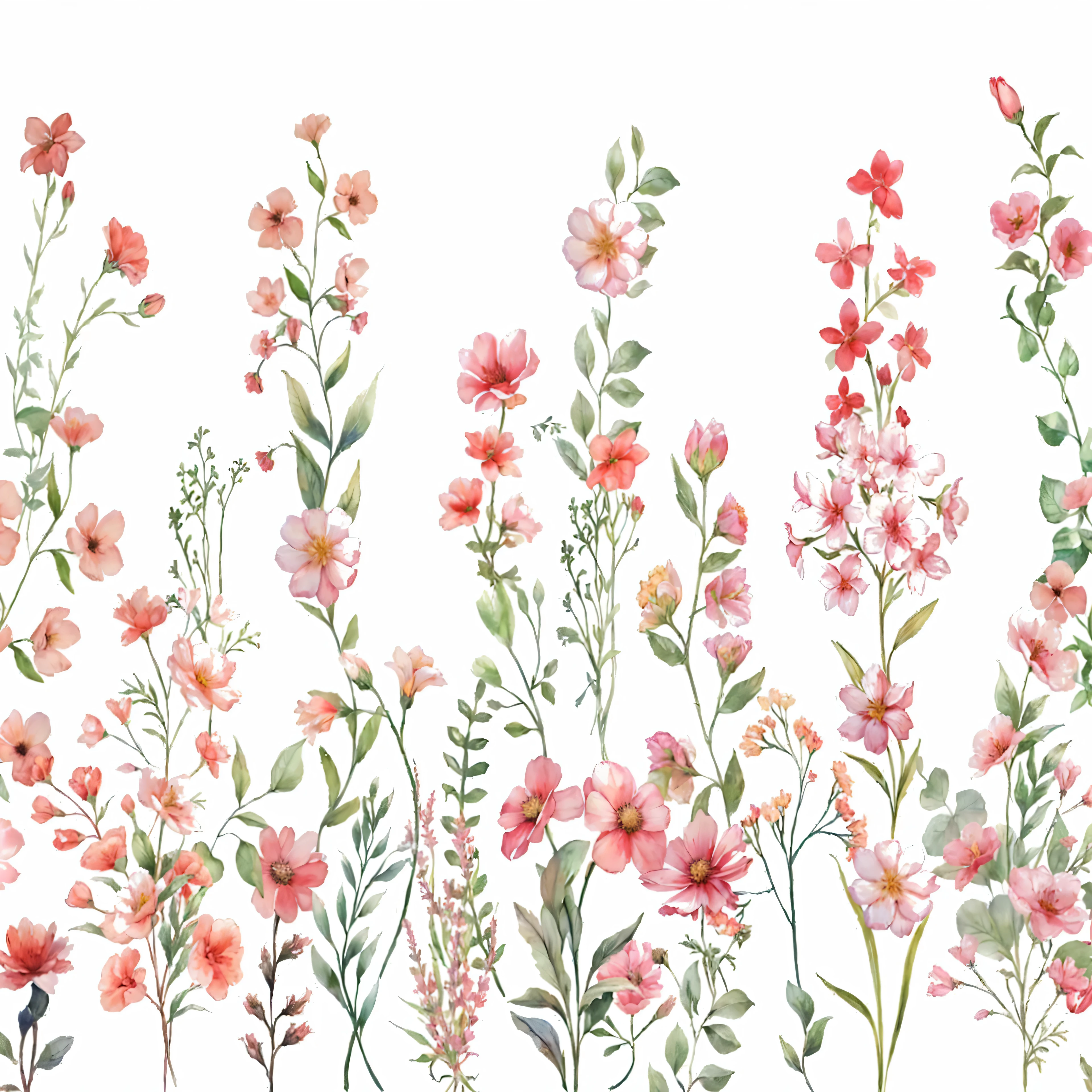Highest quality,Ultra-clear,Extreme details,there are many Pink flowers and green leaves on the white background, Blooming flowers, Fondo pintado floral, Pink flowers, Exquisite garden on paper, Beautiful high resolution, Floral Pattern, Mottled flowers, Flowers and blooms, Flower field background, Flower background, Flowers on the grass, flowers and foliage, Many flowers, Garden flowers pattern, Flowers meadow, Flowers and stems, Watercolor illustration