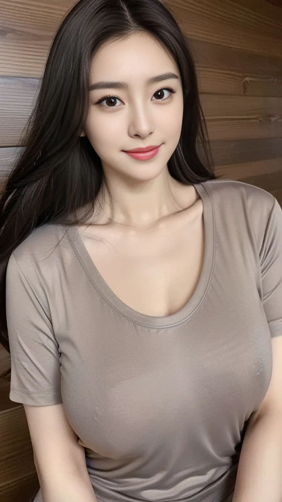 ((best quality, 8K, masterpiece, Clear focus )), 18 years old young Korean girl, ((Dark brown long hair, Huge breasts:1.5，Large chest:1.5，Hypertrophic breasts:1.5)), Slim abdominal muscles :1.5,((Low-cut spandex short T-shirt :1.6) ), (Wooden wall background :1.2), Highly detailed face and skin textures, Delicate eyes, Double eyelids, Toothy smile，sweet，cute，collagen，cosmetic，Focus on the chest，Cleavage：0.1,((There are no hands in the picture：2))