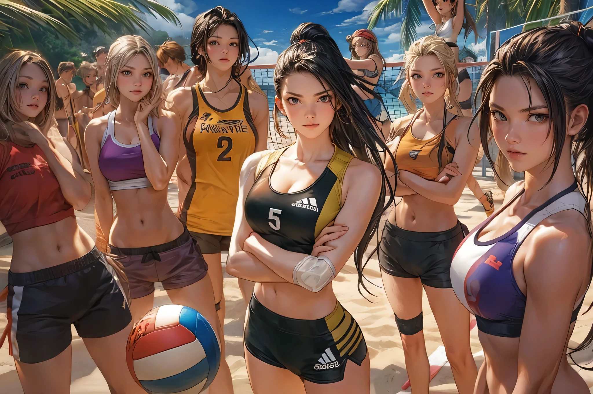 beach volleyball female players group photo, (huge breasts:1.3), unique characters, anime style, street fighter style, 2.5d illustration