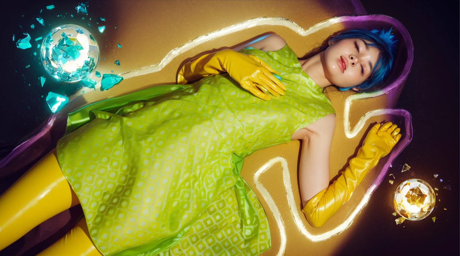 This image presents a visually captivating scene, featuring a woman lying amidst a fantastical setting. The woman, with striking blue hair and closed eyes, appears serene as she rests on a surface that transitions from deep purple to a golden hue. She wears a vibrant green dress that echoes the geometric patterns of her surroundings, complemented by bold yellow gloves that extend to her elbows. In the foreground, two magical orbs—one shattered in pieces emitting a bright blue light and the other intact, glowing with a warm orange hue—are placed near her, suggesting a narrative of mystical or supernatural elements. The broken orb, in particular, adds a dynamic contrast, with its sharp shards scattered around, reflecting light and enhancing the ethereal quality of the scene. The combination of rich The overall composition suggests a moment of dramatic transformation or destruction of a powerful, enchanted object. glossy texture, smooth broken glass magic ball of turquoise color with fragments lying nearby frame above from above on a white background 3d model, multiple light sources, rim light, sharp post broken glass magic ball of turquoise color with fragments lying nearby frame above from above on a white background effects render, (glossy plastic texture with multiple big light probe refractions), perfect cgi, smooth silhouette, high intensity refraction, (super glossy plastic material), most beautiful vfx, , realistic, 4k, high resolution, rim light, smooth 3d model, multiple light sources, rim light, sharp post effects render,, realistic, 4k, high resolution, rim light detailed digital art, reflective, best quality, 4k, masterpiece:1.2, ultra-detailed, realistic, vivid colors, The image of the highest quality, ensuring every detail showcased perfectly. It in 4k resolution, allowing viewers to immerse themselves in the richness of the colors and intricate details. The realistic rendering. under the spotlight, reflecting, high-resolution image, realistic rendering