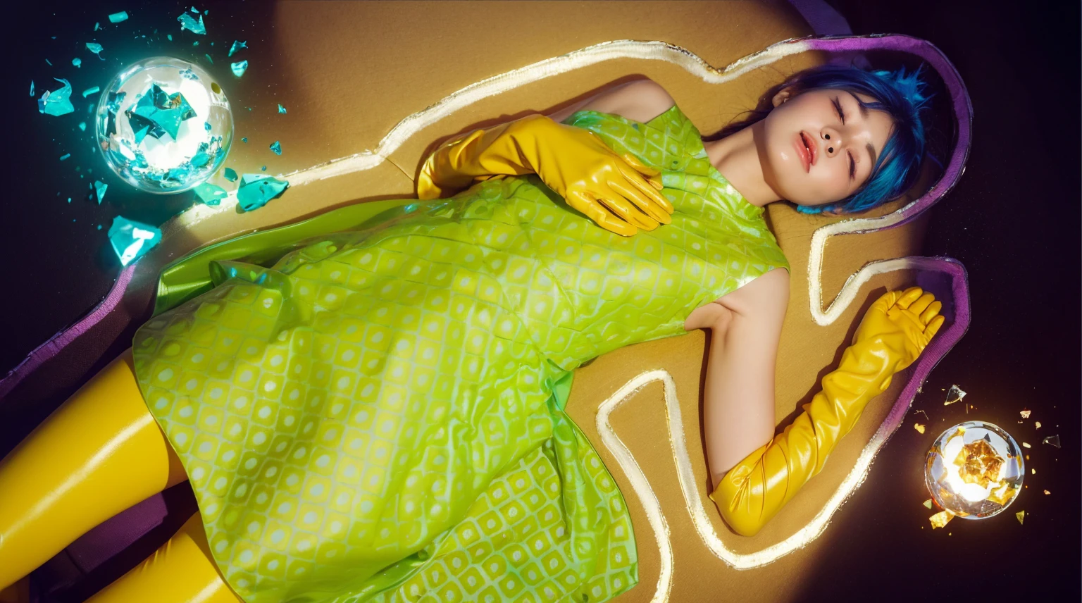 This image presents a visually captivating scene, featuring a woman lying amidst a fantastical setting. The woman, with striking blue hair and closed eyes, appears serene as she rests on a surface that transitions from deep purple to a golden hue. She wears a vibrant green dress that echoes the geometric patterns of her surroundings, complemented by bold yellow gloves that extend to her elbows. In the foreground, two magical orbs—one shattered in pieces emitting a bright blue light and the other intact, glowing with a warm orange hue—are placed near her, suggesting a narrative of mystical or supernatural elements. The broken orb, in particular, adds a dynamic contrast, with its sharp shards scattered around, reflecting light and enhancing the ethereal quality of the scene. The combination of rich The overall composition suggests a moment of dramatic transformation or destruction of a powerful, enchanted object. glossy texture, smooth broken glass magic ball of turquoise color with fragments lying nearby frame above from above on a white background 3d model, multiple light sources, rim light, sharp post broken glass magic ball of turquoise color with fragments lying nearby frame above from above on a white background effects render, (glossy plastic texture with multiple big light probe refractions), perfect cgi, smooth silhouette, high intensity refraction, (super glossy plastic material), most beautiful vfx, , realistic, 4k, high resolution, rim light, smooth 3d model, multiple light sources, rim light, sharp post effects render,, realistic, 4k, high resolution, rim light detailed digital art, reflective, best quality, 4k, masterpiece:1.2, ultra-detailed, realistic, vivid colors, The image of the highest quality, ensuring every detail showcased perfectly. It in 4k resolution, allowing viewers to immerse themselves in the richness of the colors and intricate details. The realistic rendering. under the spotlight, reflecting, high-resolution image, realistic rendering