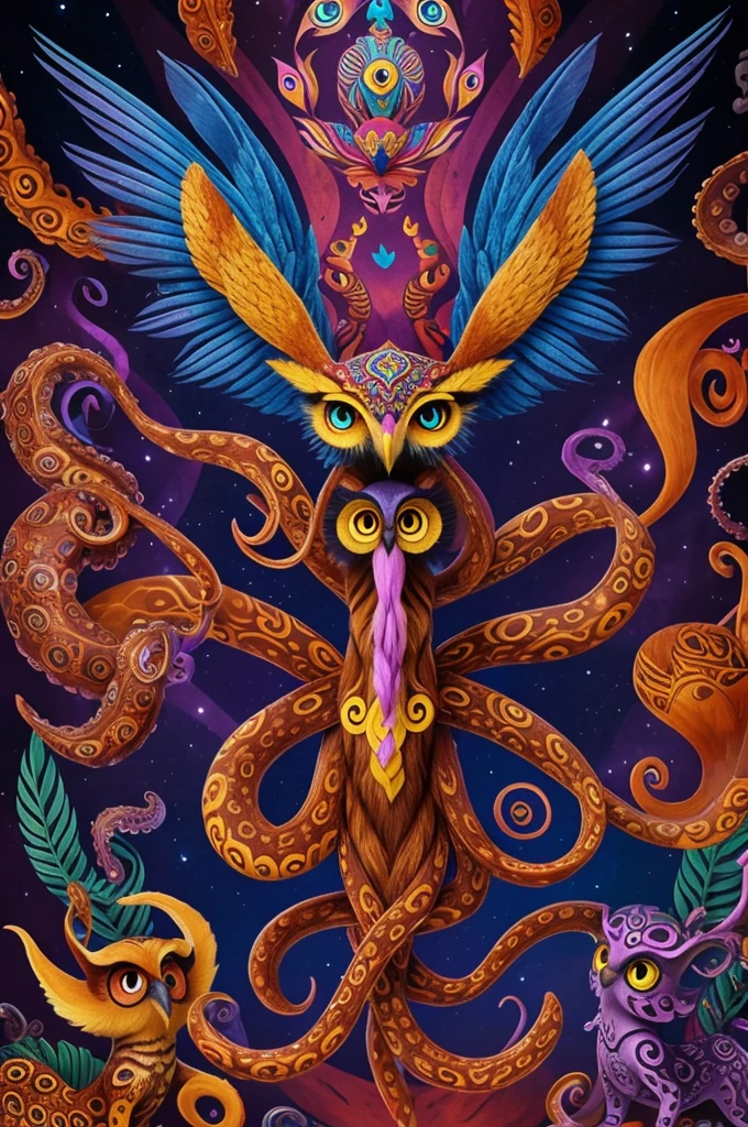 An alebrije animal that has the face and wings of an owl, wolf ears and body; and 9 fox tails with octopus tentacles.