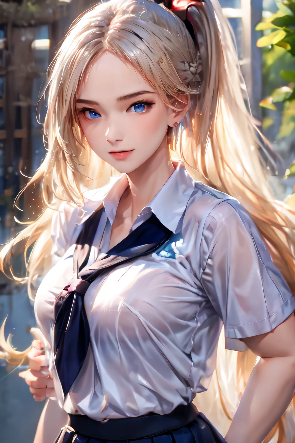 highest resolution, 8K, high definition, (((long hair))), ((Thai school uniform)), Age 16-18 years, confident demeanor, earring, blonde hair, high ponytail, black skirt, white shirt, right eye blue, red left eye