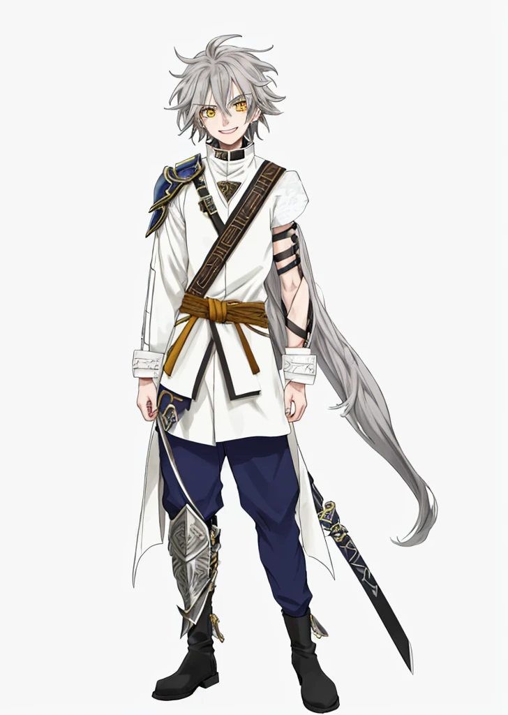 Anime, 1boy, messy gray hair, gray eyebrows, yellow eyes with black highlights, white skin, wide smile showing teeth, wears a long white coat with yellow and brown accents, the back of the coat extends to the knees, wears a brown shoulder protector on the right, the coat is long-sleeved, has stripes on the right sleeve of the coat, and has a tribal protector on the left sleeve, blue pants with black accents, black boots, carries a sword on his back using a strap looped from his right shoulder to his left waist, the sword has a red gemstone on the pommel with a clearly visible rune inside.
