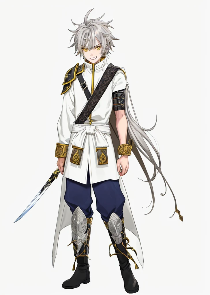 Anime, 1boy, messy gray hair, gray eyebrows, yellow eyes with black highlights, white skin, wide smile showing teeth, wears a long white coat with yellow and brown accents, the back of the coat extends to the knees, wears a brown shoulder protector on the right, the coat is long-sleeved, has stripes on the right sleeve of the coat, and has a tribal protector on the left sleeve, blue pants with black accents, black boots, carries a sword on his back using a strap looped from his right shoulder to his left waist, the sword has a red gemstone on the pommel with a clearly visible rune inside.