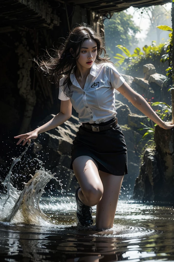 Knee shot, 18s woman in thai university uniform, long straight wet hair, white wet short-sleeve shirt, black wet tight mini skirt, brown belt, white sneakers, masterpiece:1.2, high detail, realistic, cinematic scene, slim and perfect figure, perfect body proportions, 16k, portrait photo, dynamic pose, dynamic compositions, water, surrounded by gas fumes in battle, xuer martial arts, water drops on her face, motion blur, long exposure, in cave