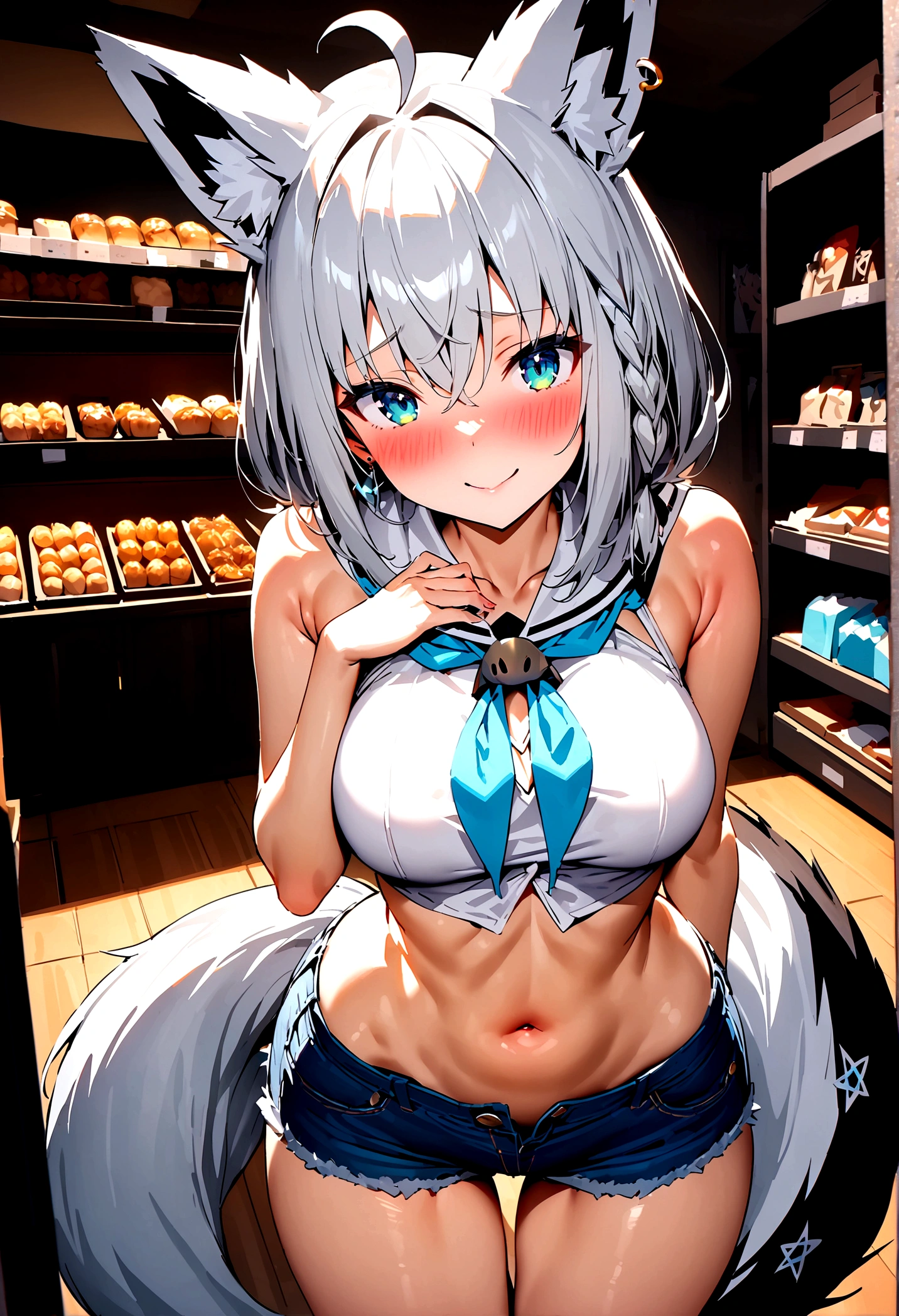 NSFW,masterpiece,Highest quality,High resolution,Super detailed,Shirakami Fubuki\(Hololive\),Gray Hair、One-sided braid、Ahoge、Earrings,Fox ears,Fox tail,Crop top shirt,Sleeveless,Food,Low-rise denim shorts,High leg,Embarrassed,blush,Expecting face,Bewitching Smile,Sexy smile,(Adult Shop),(Underwear section),(Naughty shop),Cute pose,Date,(Seduce)