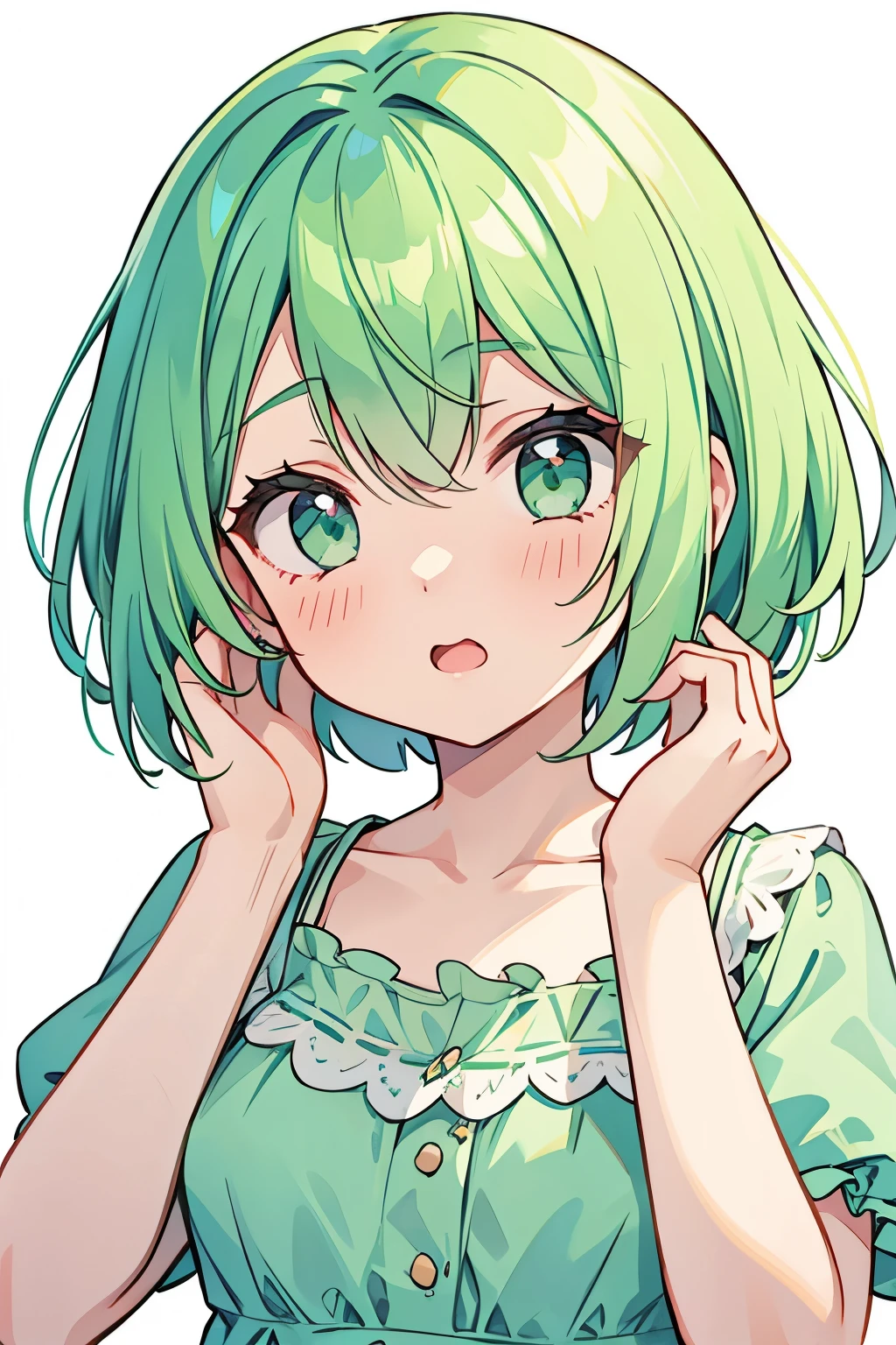 girl,surprised,Put your hands together,Mint green hair,Bob Hair,Summer dress,White background