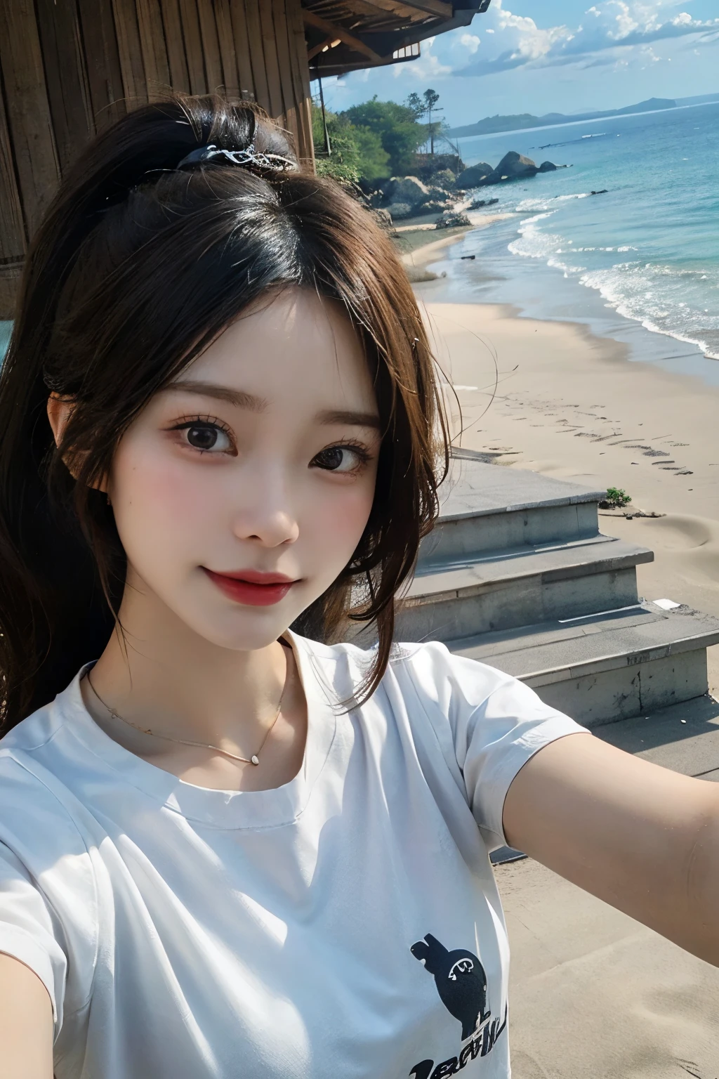 ((best quality)), ((masterpiece)), (detailed), perfect face. Asian girl. Selfie. Blank T-shirt. Beach.