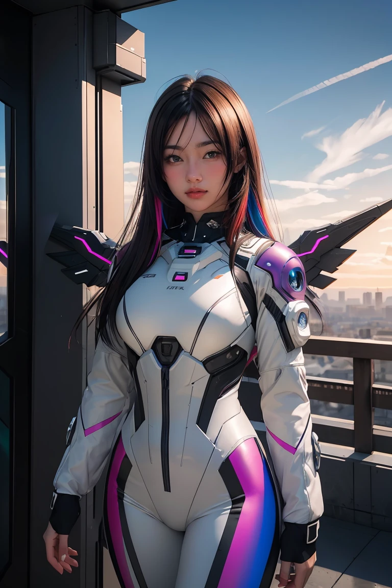 ((masterpiece, best quality, extremely detailed), volumetric lighting, ambient occlusion, colorful, glowing), 
1girl, solo, young girl, (dark hair), long hair, halo, aura, sacred, godness, cyber suit, (random-colored outfit:1.3), android, bot, cybernetic wings,
outdoors, sunset, sky, clouds, space, (cyberpunk theme:1.2),