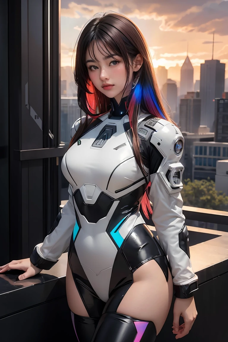 ((masterpiece, best quality, extremely detailed), volumetric lighting, ambient occlusion, colorful, glowing), 
1girl, solo, young girl, (dark hair), long hair, halo, aura, sacred, godness, cyber suit, (random-colored outfit:1.3), android, bot, cybernetic wings,
outdoors, sunset, sky, clouds, space, (cyberpunk theme:1.2),