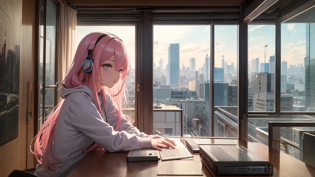 Absurd, Ultra-high resolution, (Official Art, beautifully、mysterious:1.2), Impressive eyes, Sit at a desk by the window and look outside, Girl listening to music with headphones, light pink long hair, Lo-fi Girl, and hoodie, Bright Sky, A vast world, Kaisei and Artgelm, Anime atmosphere, Lofi art style, Anime style 8k, Anime Aesthetics, Lo-fi feeling, Anime Art Wallpapers 8K, An atmosphere of praise, Rooms with large windows, Emotional cityscape, city room