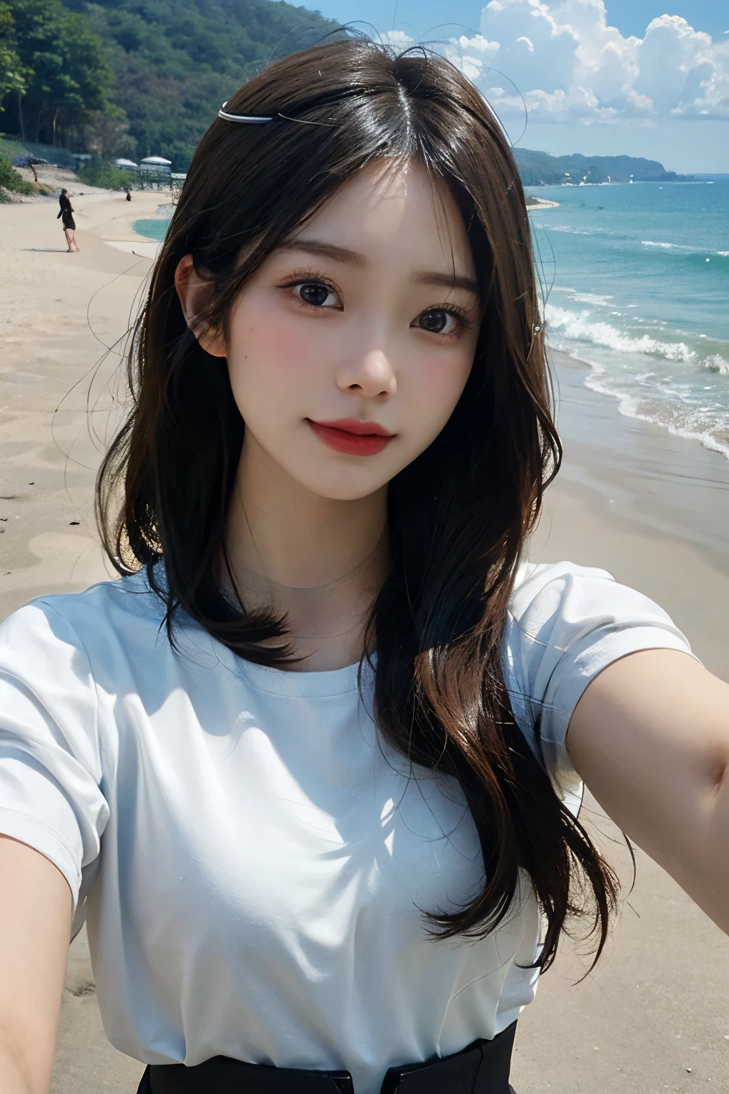 ((best quality)), ((masterpiece)), (detailed), perfect face. Asian girl. Selfie. White T-shirt. Beach.