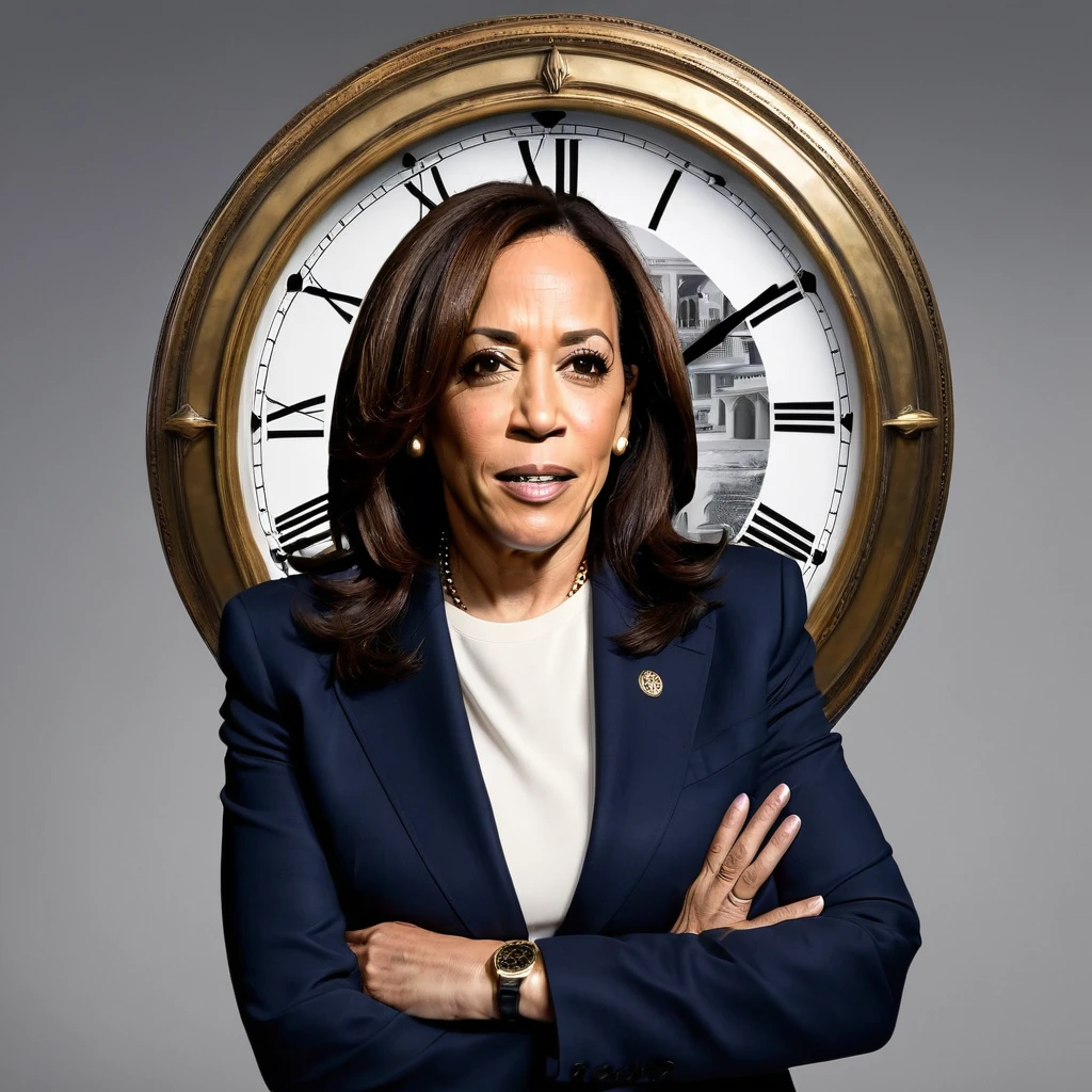 kamala Harris wearing a huge clock that is broken, conceptual art