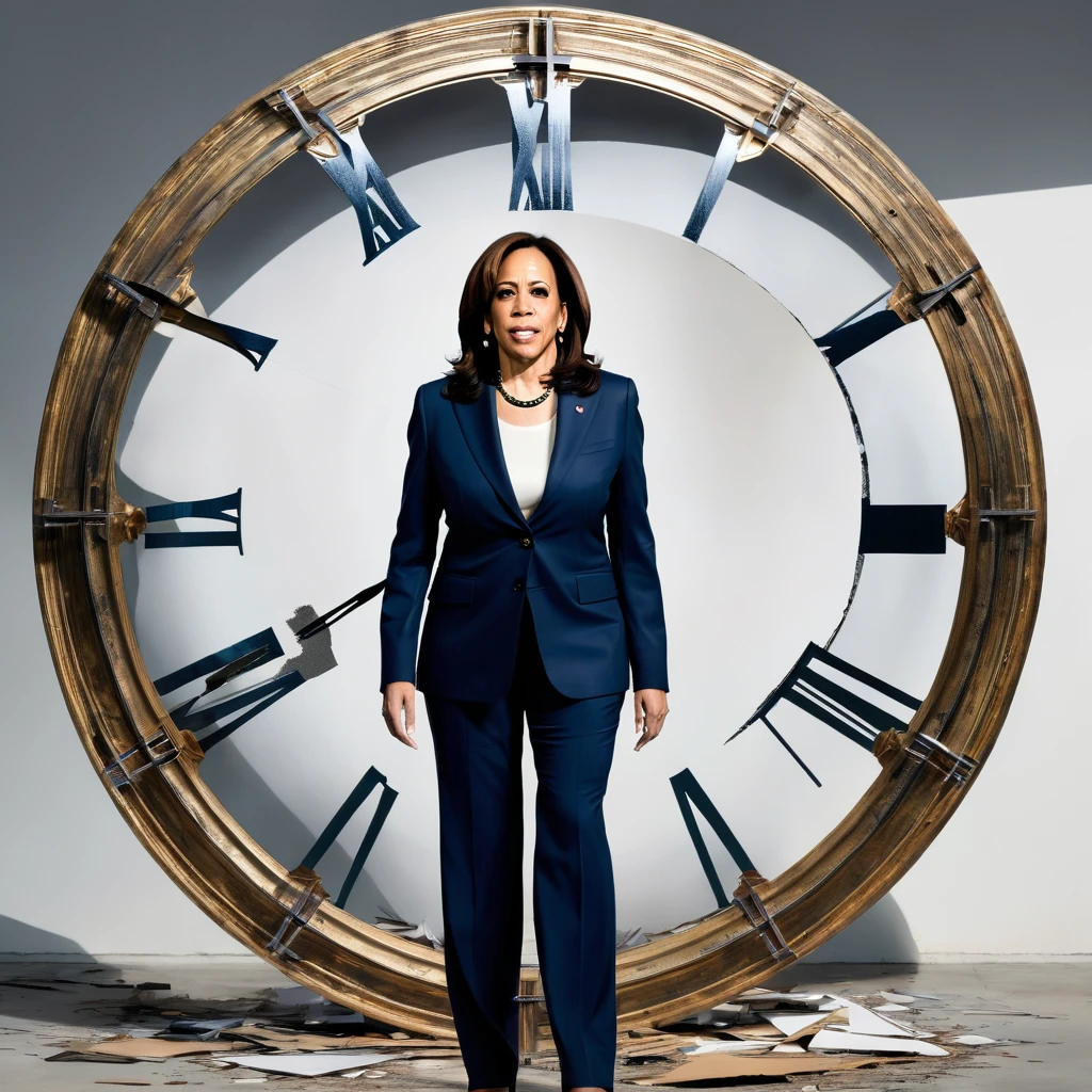 kamala Harris wearing a huge clock that is broken, conceptual art