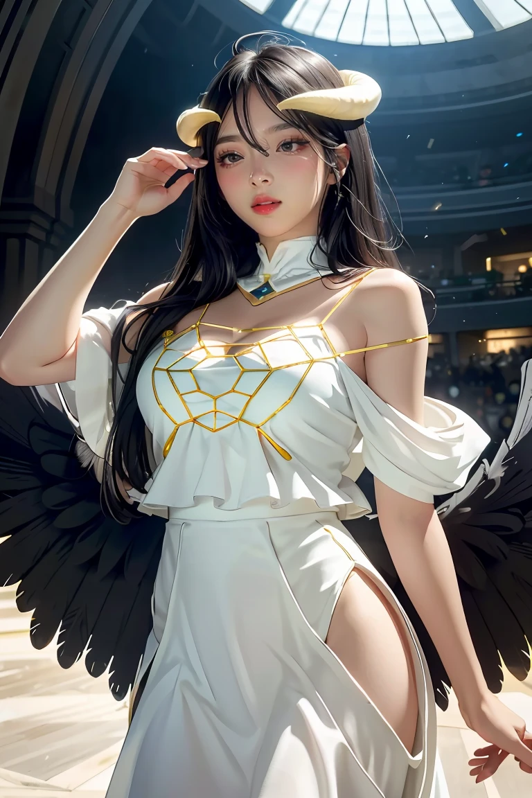 Masterpiece, Best quality, Ultra-detailed, illustration, epic lighting, Cinematic composition, isometry,(hexagons:1.2), 1girll, Horns, Solo, Yellow eyes, Black hair, Long hair, (Low wing:1.2), Large cleavage, Bare shoulders, hair between eye, Medium breasts, (White dress:1.1), Golden decoration, Detached collar, view the viewer, Semi-closed Eyes, (view the viewer:1.1), parted lip, Blush, Black feathers fall, Arena, particle fx, (8K:1.1)