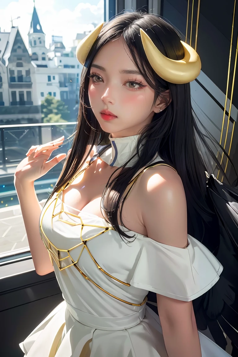 Masterpiece, Best quality, Ultra-detailed, illustration, epic lighting, Cinematic composition, isometry,(hexagons:1.2), 1girll, Horns, Solo, Yellow eyes, Black hair, Long hair, (Low wing:1.2), Large cleavage, Bare shoulders, hair between eye, Medium breasts, (White dress:1.1), Golden decoration, Detached collar, view the viewer, Semi-closed Eyes, (view the viewer:1.1), parted lip, Blush, Black feathers fall, Arena, particle fx, (8K:1.1)