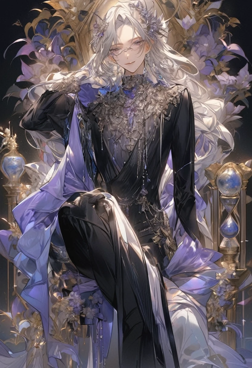 Feminine boy, soft womanish facial features, smile, squinted siren dark blue eyes without glare, silver long loose hair with straight bang, fantasy black clothes with blue and purple elements, long black gloves, model, gorgeous, elegant, lots of silver jewelry, flowers in his hair, skinny , hourglass figure, light lipstick, pants