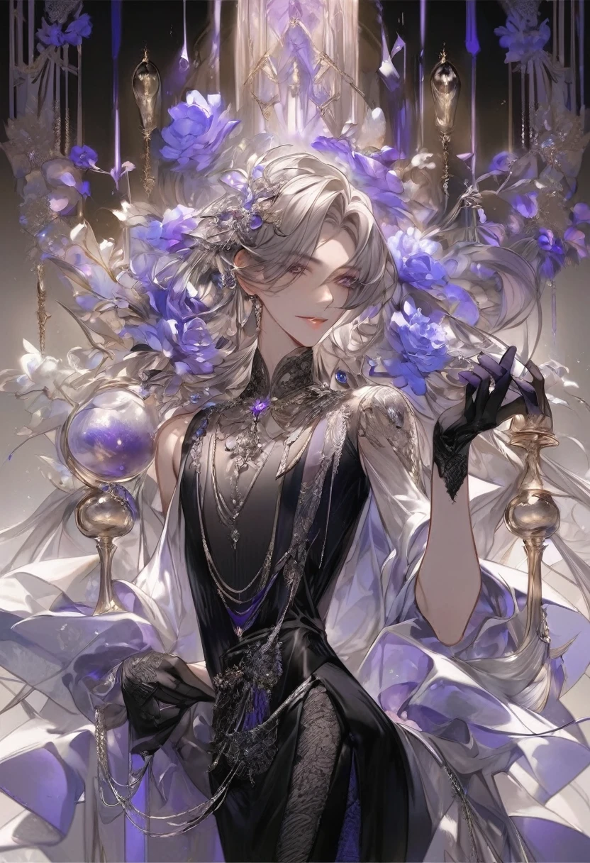 Feminine boy, soft womanish facial features, smile, squinted siren dark blue eyes without glare, silver long loose hair with straight bang, fantasy black clothes with blue and purple elements, long black gloves, model, gorgeous, elegant, lots of silver jewelry, flowers in his hair, skinny , hourglass figure, light lipstick, pants